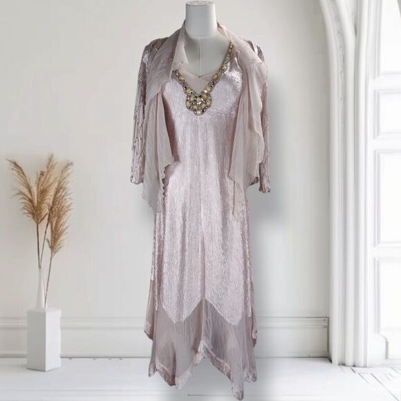Komarov 2pc Hanky Hem Midi Dress Draped Jacket Size s Pink Beaded Neck Charmeuse - Picture 1 of 16
